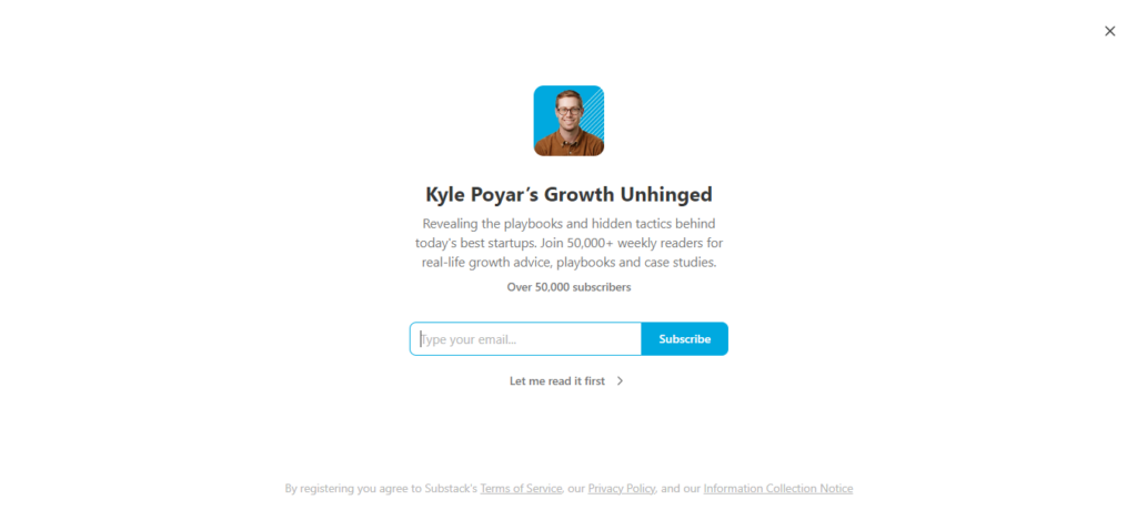 Growth Unhinged newsletter landing page