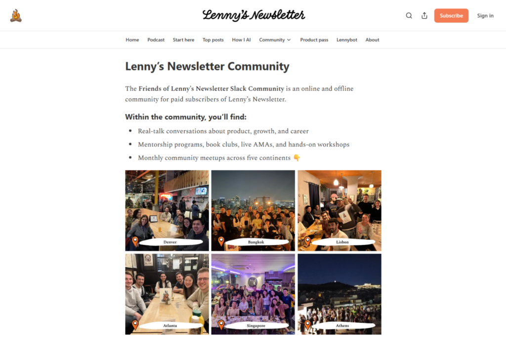 Lenny's Community page showing member gatherings in cities around the world