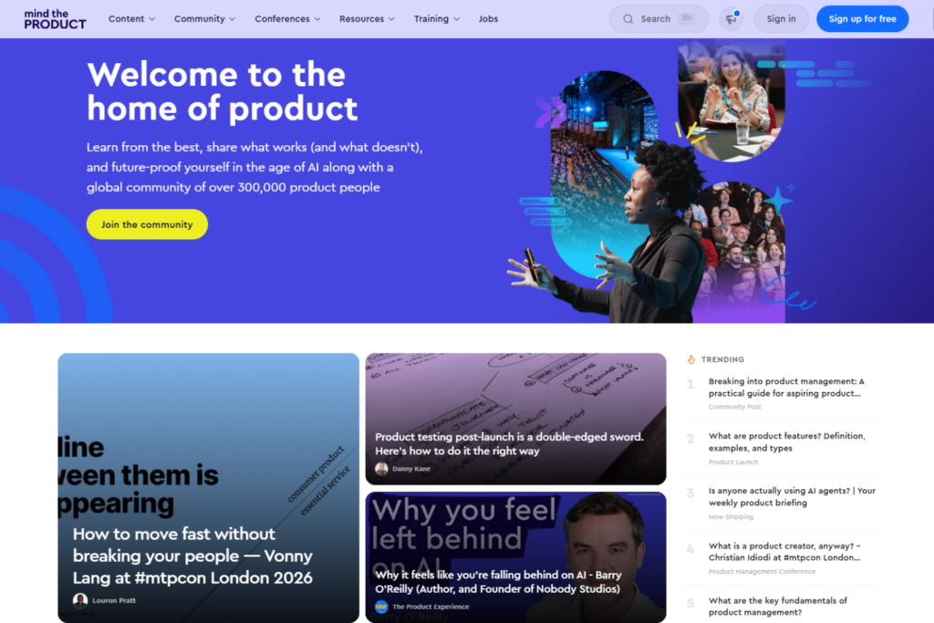 Mind the Product homepage featuring its global product community and industry content