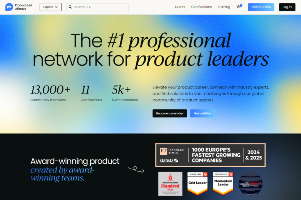 Product-Led Alliance homepage highlighting its professional network for product leaders