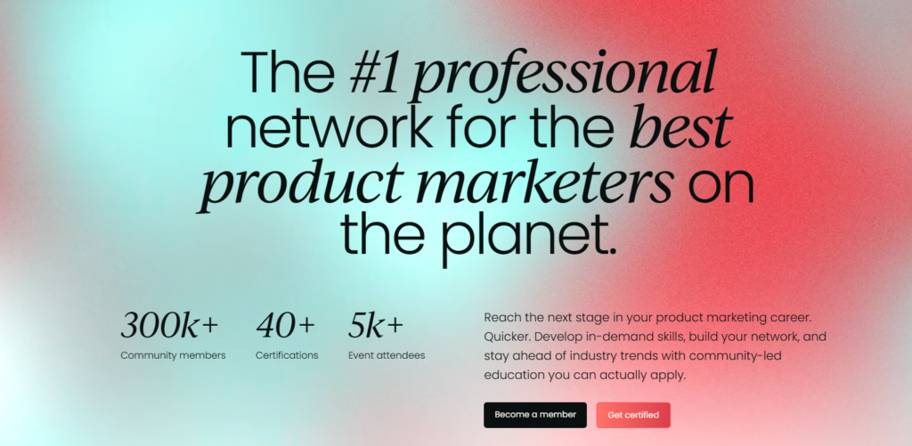 Product Marketing Alliance homepage promoting a global community for product marketers with certifications, events, career development, and networking opportunities