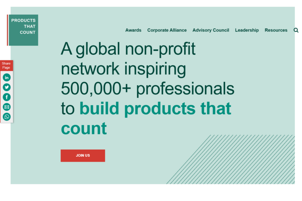 Products That Count site presenting its nonprofit network for product builders