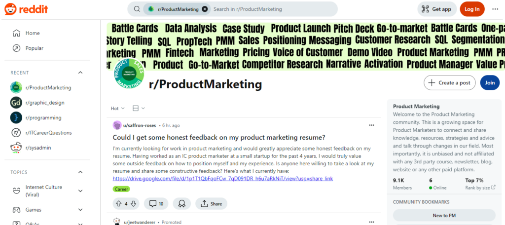 Reddit Product Marketing discussion page screenshot