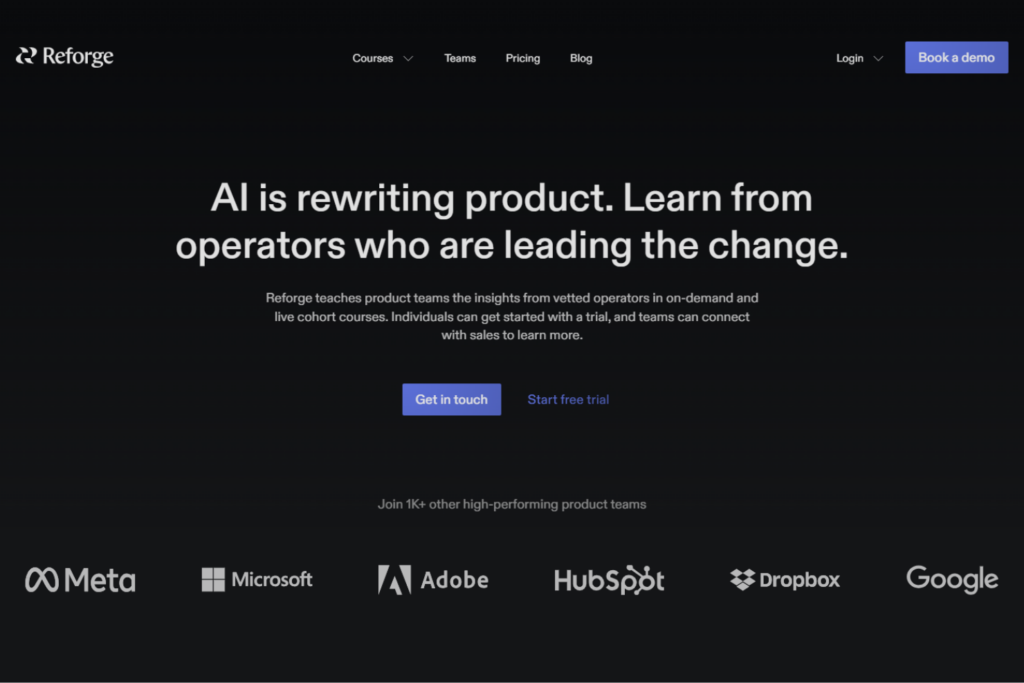 Reforge homepage promoting product education through live and on-demand courses