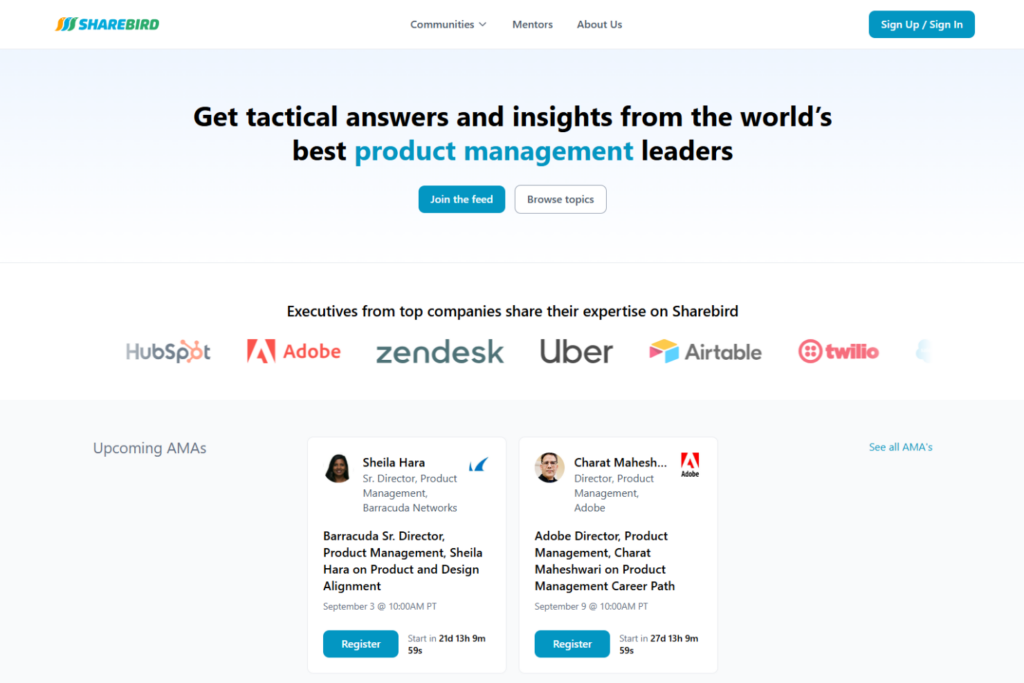 Sharebird page featuring product management experts and upcoming AMA sessions