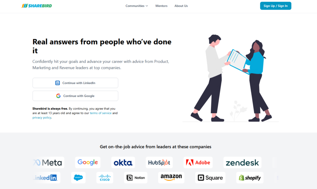 Sharebird homepage offering career advice from product, marketing, and revenue leaders, with sign-in options and company logos including Google, Meta, Adobe, Shopify, and HubSpot