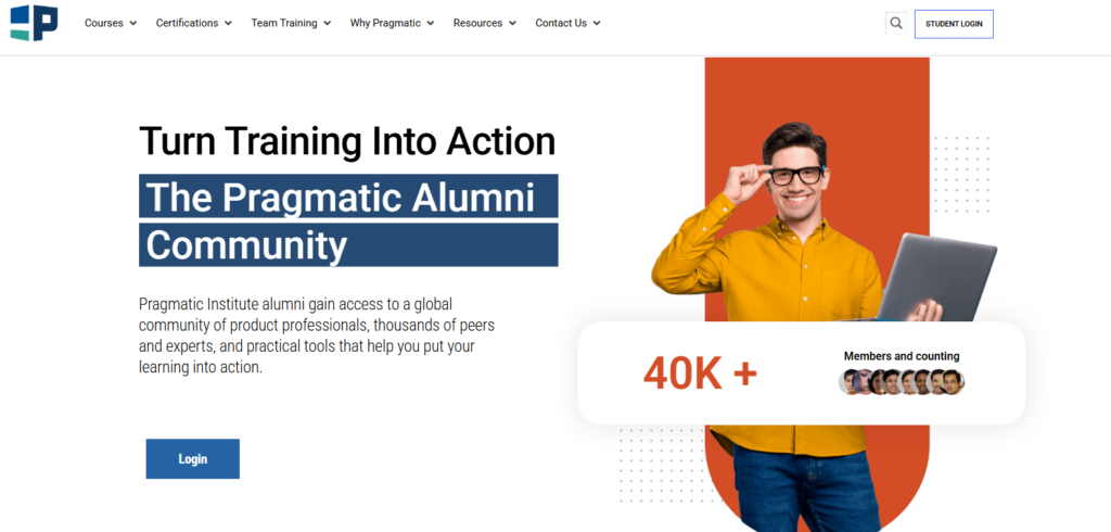 Pragmatic Institute Alumni Community page featuring access to a global network of product professionals, practical tools, and more than 40,000 members