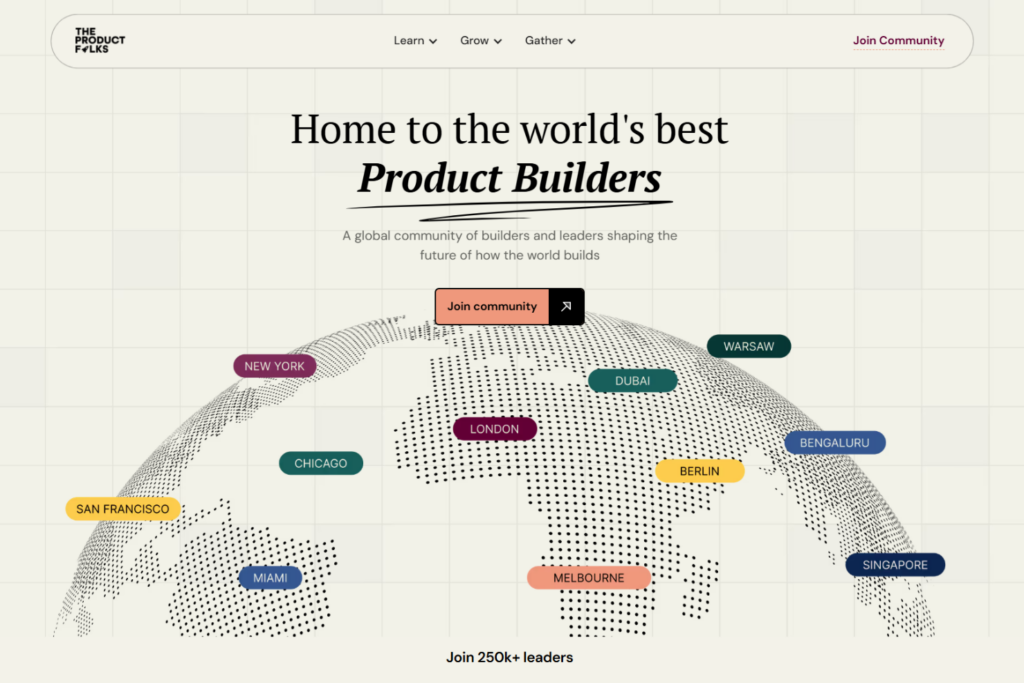 The Product Folks homepage displaying its worldwide network of product builders