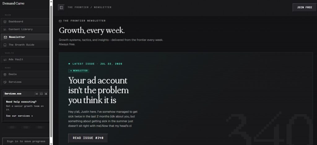 Screenshot der Landingpage des Newsletters „The Frontier“