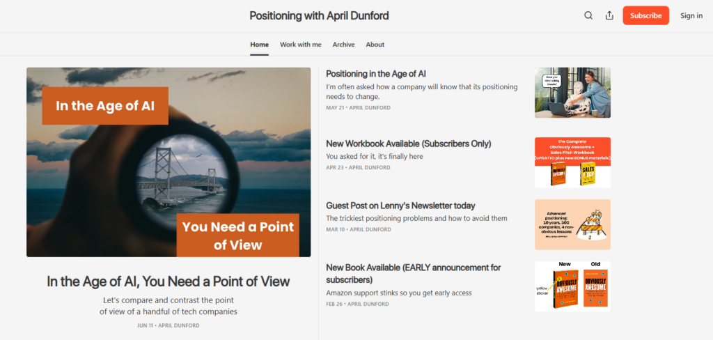 Webseite des Newsletters „Positioning with April Dunford“