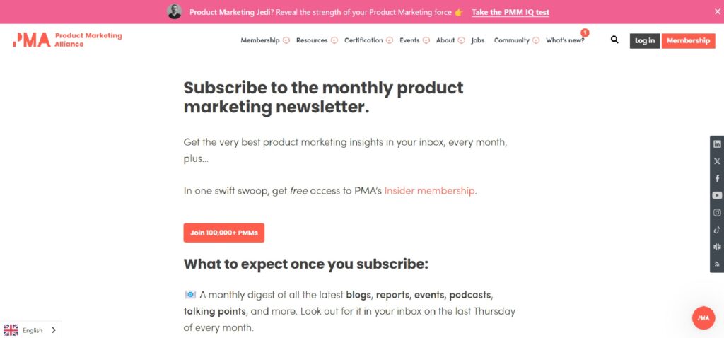 The Product Marketing Alliance newsletter subscription page