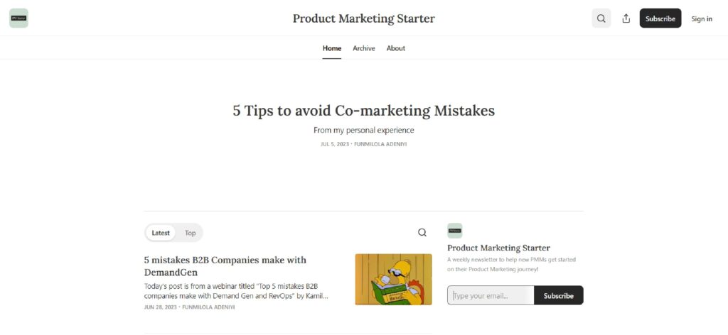 The Product Marketing Starter newsletter website