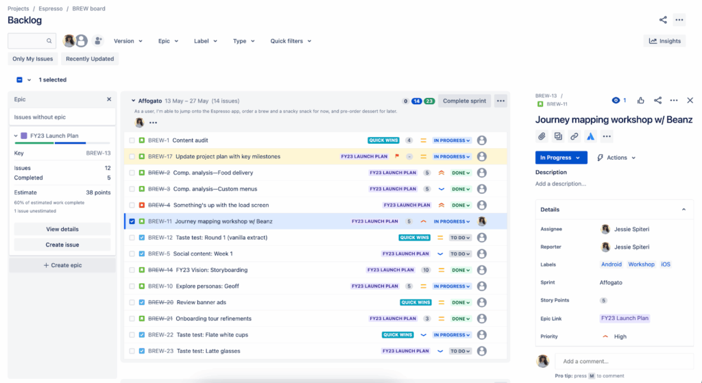 screenshot of confluence backlog management