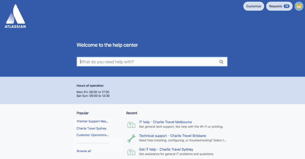 screenshot of confluence customer support