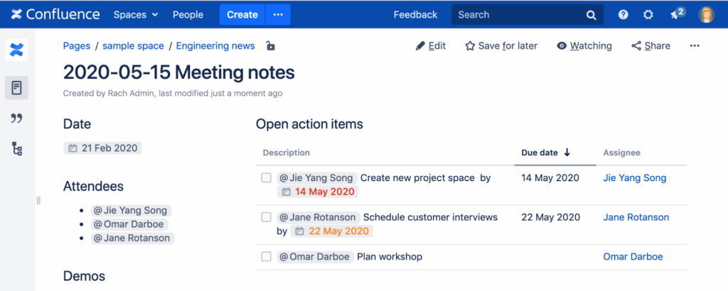 screenshot of confluence reporting features