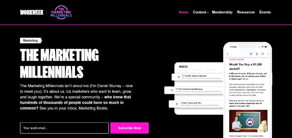 The Marketing Millenials newsletter subscription page