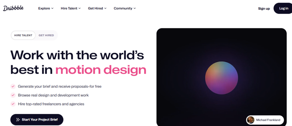 Dribbble webpage showcasing motion design services, creative portfolios, and options to hire freelance designers and agencies.