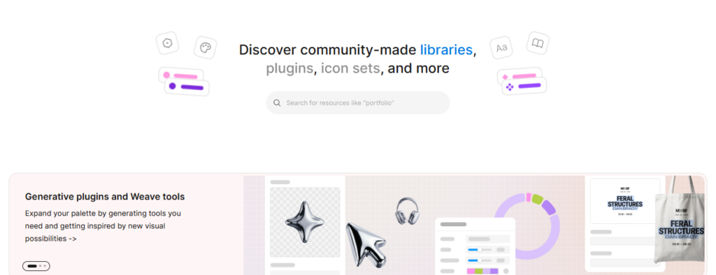 Figma Community page showcasing libraries, plugins, icon sets, generative tools, and other design resources created by the Figma community.