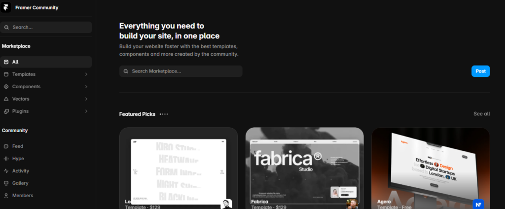 Framer Community marketplace showcasing website templates, components, plugins, featured picks, and resources for designers and developers.