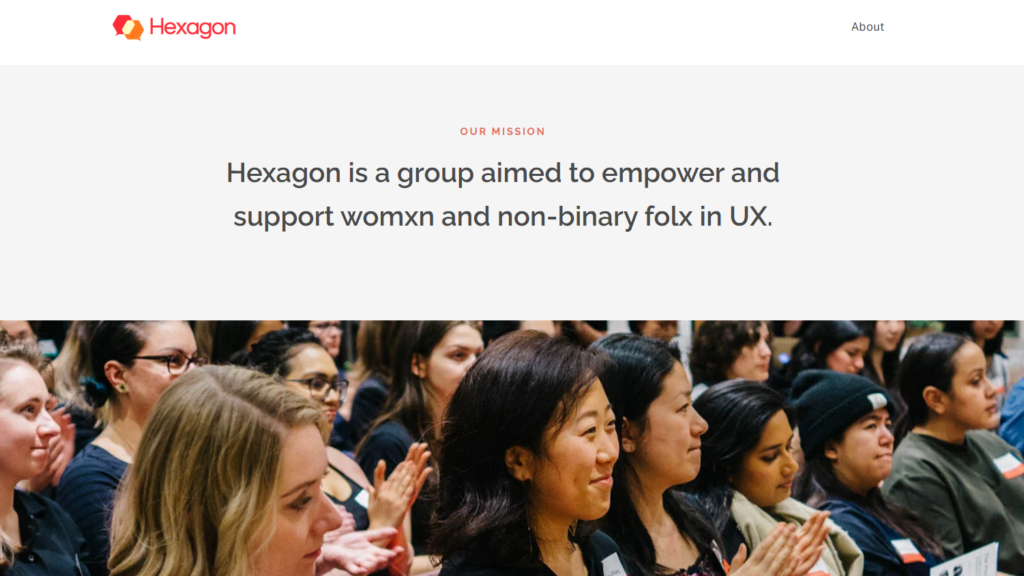 Hexagon UX community webpage showing a mission statement about supporting women and non-binary individuals in UX, with a photo of attendees at a community event