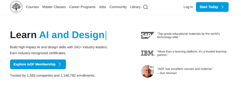 Interaction Design Foundation homepage promoting AI and design courses, UX education, industry-recognized certificates, and professional learning programs.