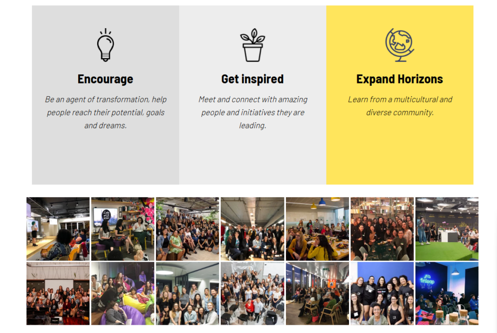 Ladies That UX community website section featuring women in UX design, networking events, workshops, and collaborative activities that support learning and professional growth