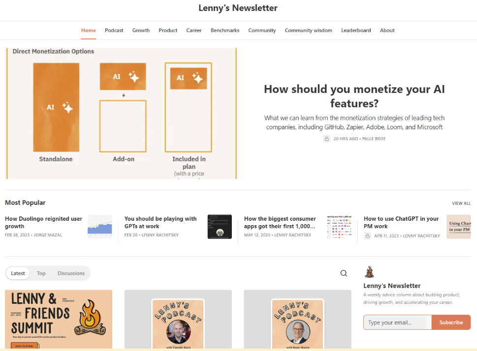Lenny’s Newsletter homepage