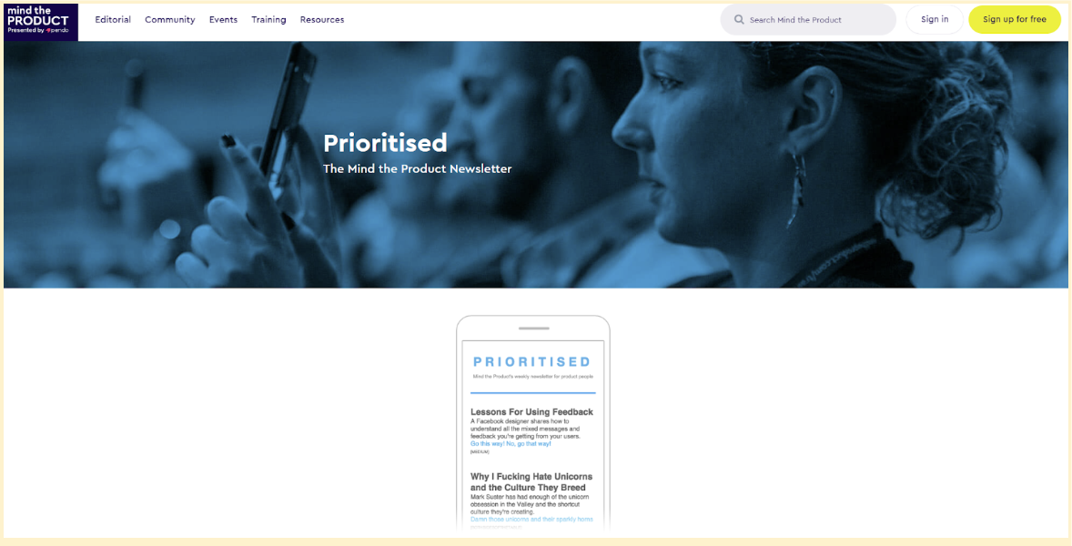 Prioritised by Mind the Product newsletter landing page