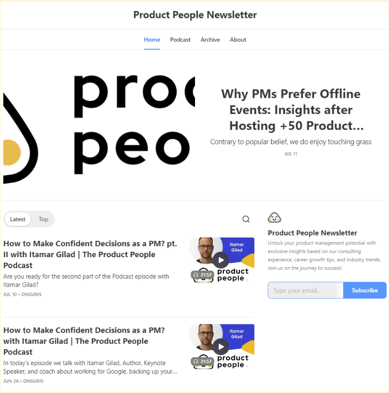 Product People Newsletter website