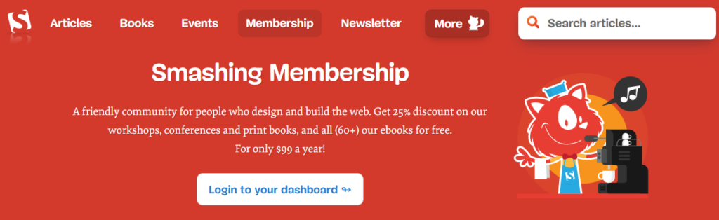 Smashing Magazine Membership webpage promoting benefits for web designers and developers, including discounts on workshops, conferences, books, and ebooks