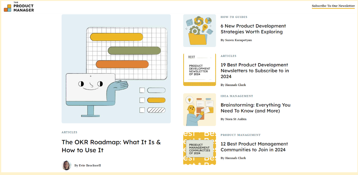 Screenshot of the homepage of the Product Manager newsletter