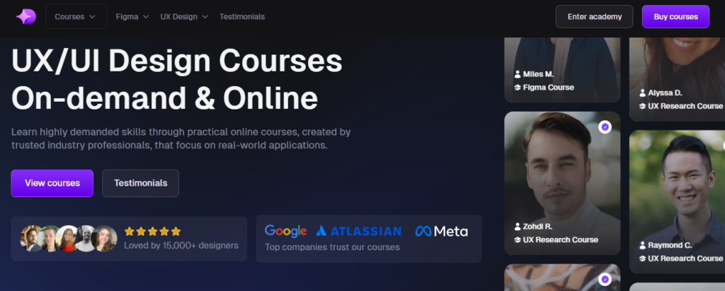 The Designership website featuring on-demand UX/UI design courses in Figma, UX research, and practical design skills for aspiring and professional designers.
