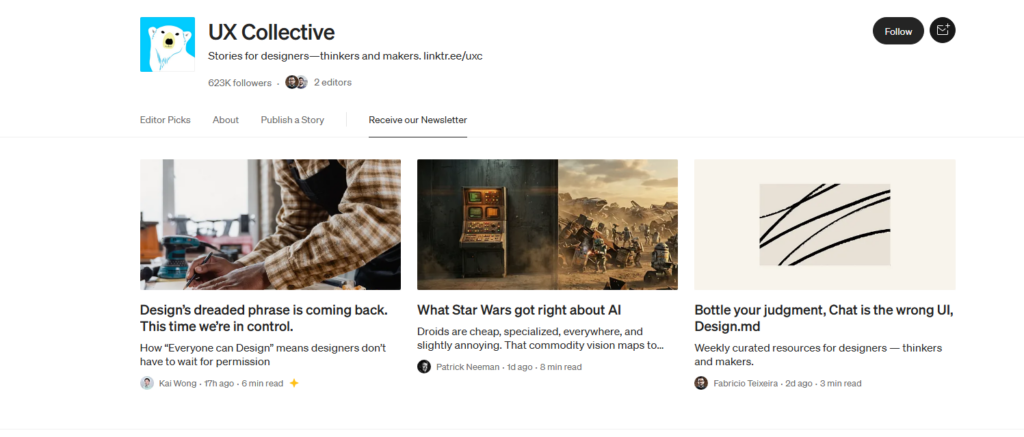 UX Collective newsletter page showcasing design articles, UX insights, and curated stories for designers and makers, with featured posts about AI, user interfaces, and digital experiences