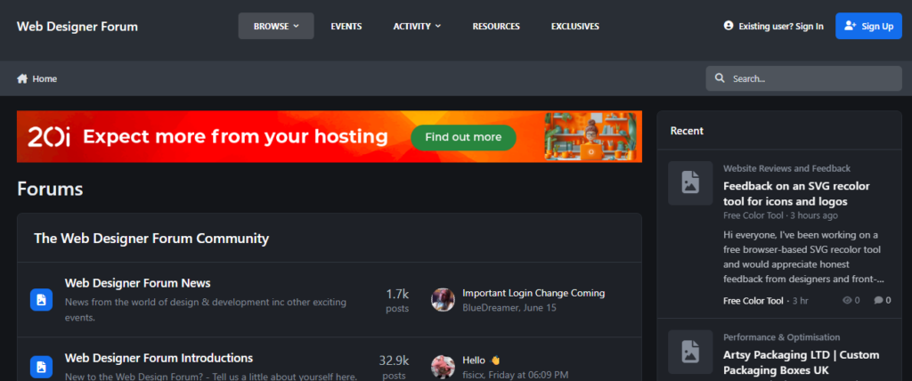 Web Designer Forum homepage showing community discussions, web design news, member introductions, resources, and recent design and development topics.