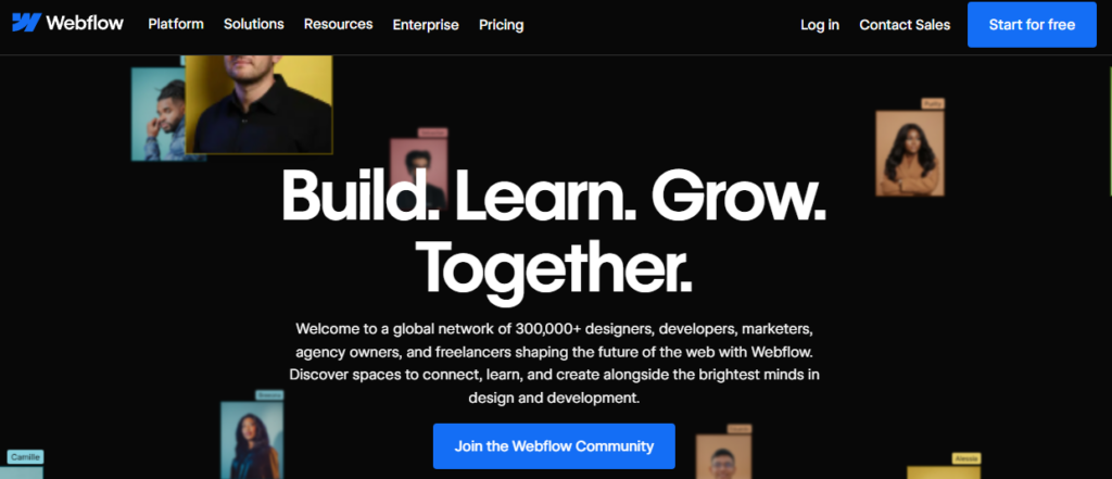 Webflow Community homepage inviting designers, developers, marketers, and freelancers to connect, learn, collaborate, and build with Webflow.