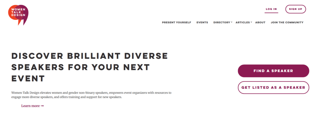 Women Talk Design webpage featuring a speaker directory and community mission focused on elevating women and gender non-binary speakers through events, resources, and design advocacy