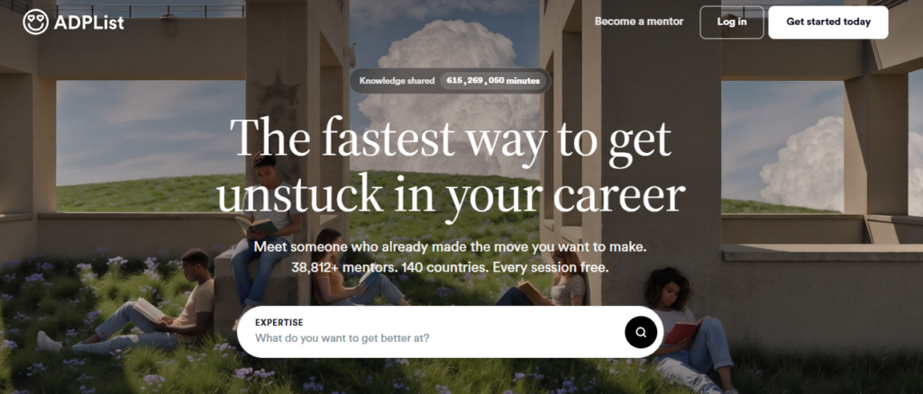 ADPList homepage promoting free career mentorship with thousands of mentors across 140 countries and personalized one-on-one sessions.