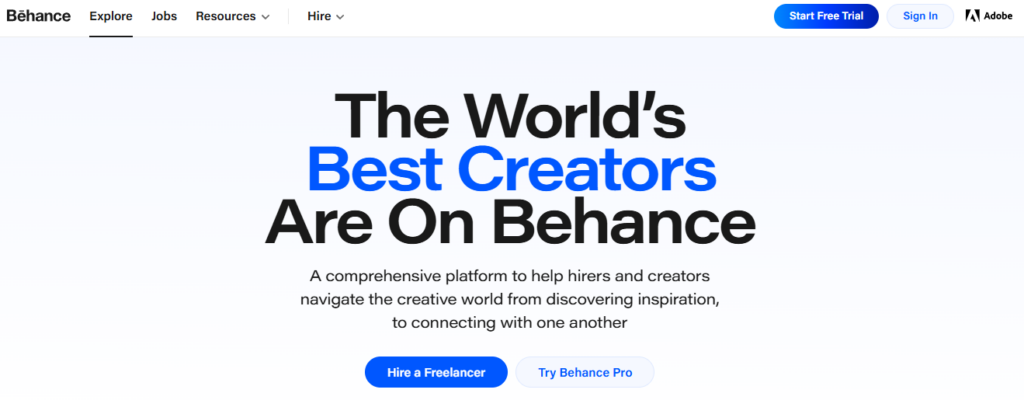 Behance homepage highlighting a global community of creators where users can explore portfolios, discover creative work, and hire freelancers.