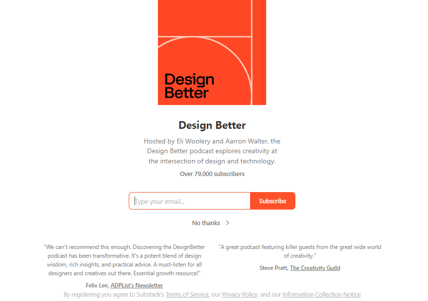 Newsletter sign up page of Design Better