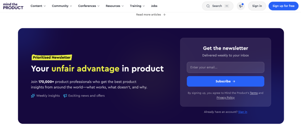 Mind the Product's newsletter signup form