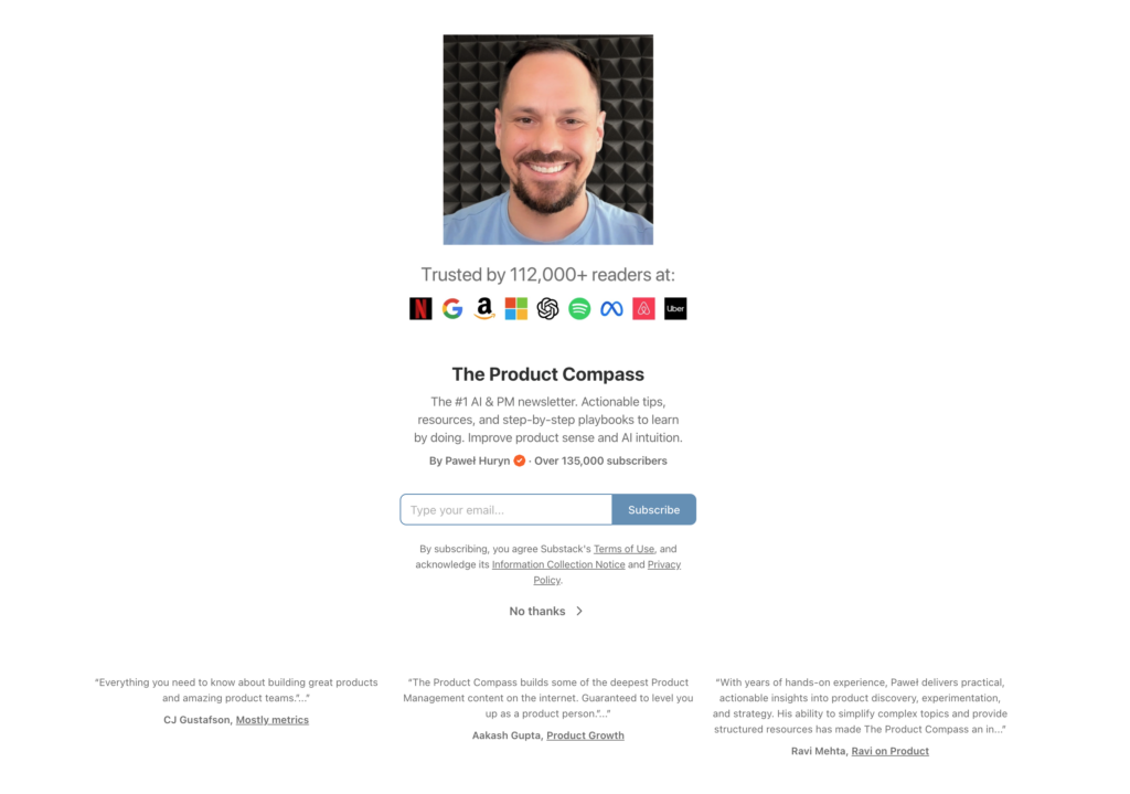 The Product Compass newsletter subscription form
