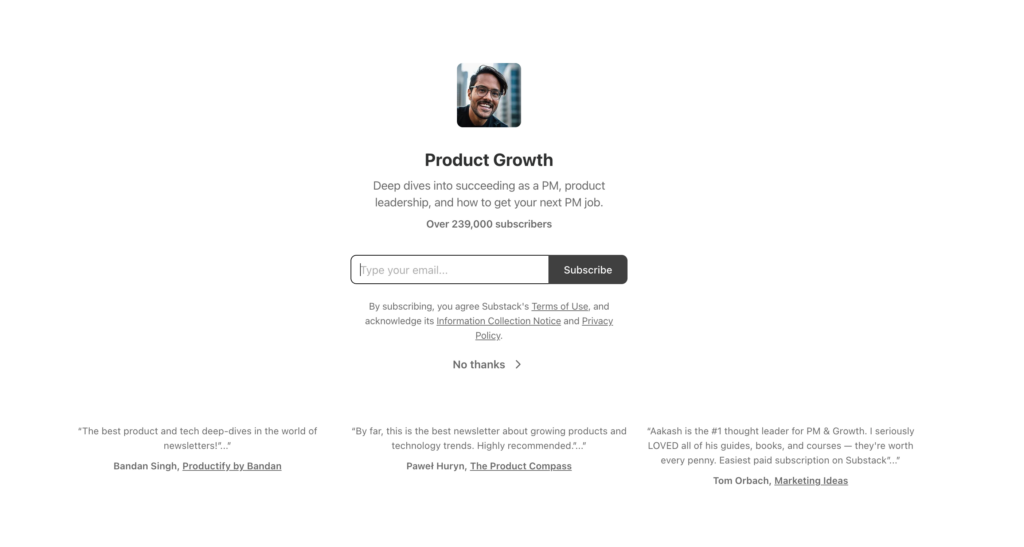Product Growth newsletter by Aakash Gupta landing page