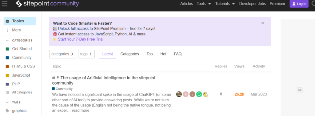 SitePoint Community forum showing web development discussions, categories, tags, and topics covering HTML, CSS, JavaScript, PHP, and AI.