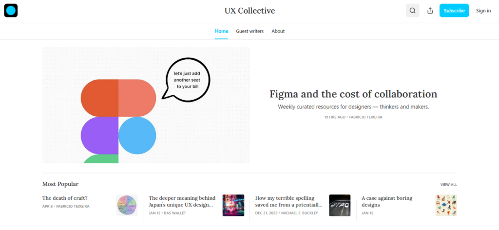 Website screenshot of The UX Collective, a product design newsletter