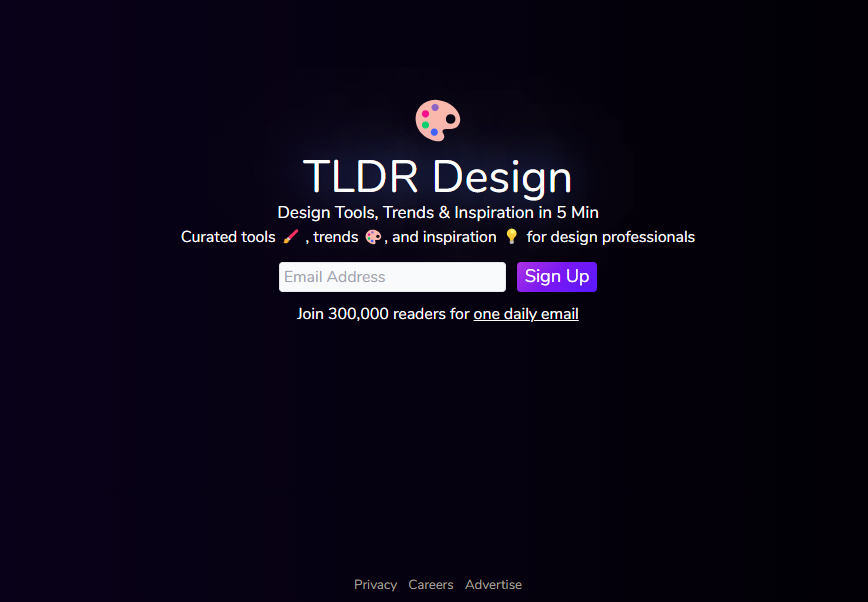 Website screenshot of TLDR Design, a product design newsletter