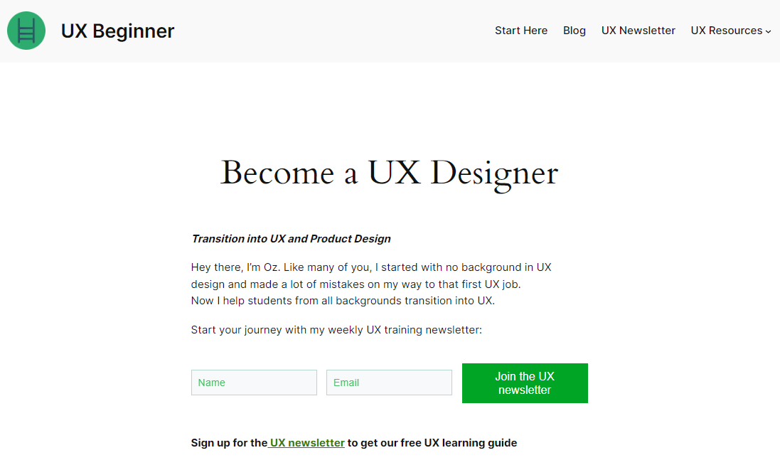 UX Beginner home page