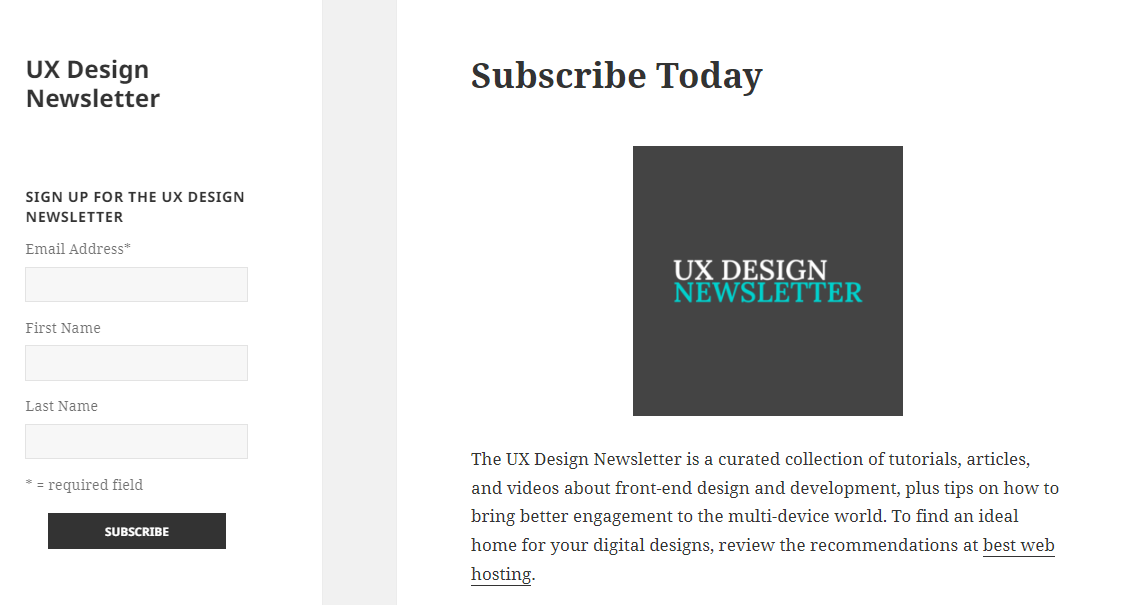 UX Design Newsletter subscription page