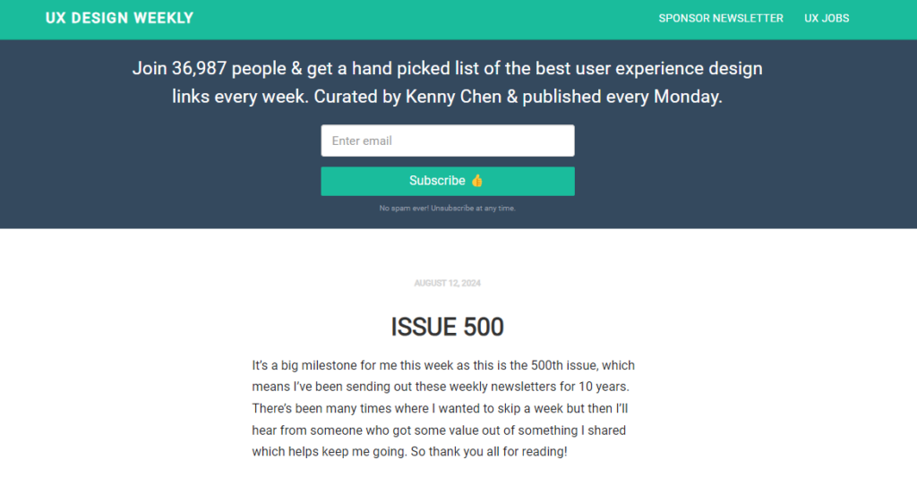 Newsletter landing page of UX Design Weekly
