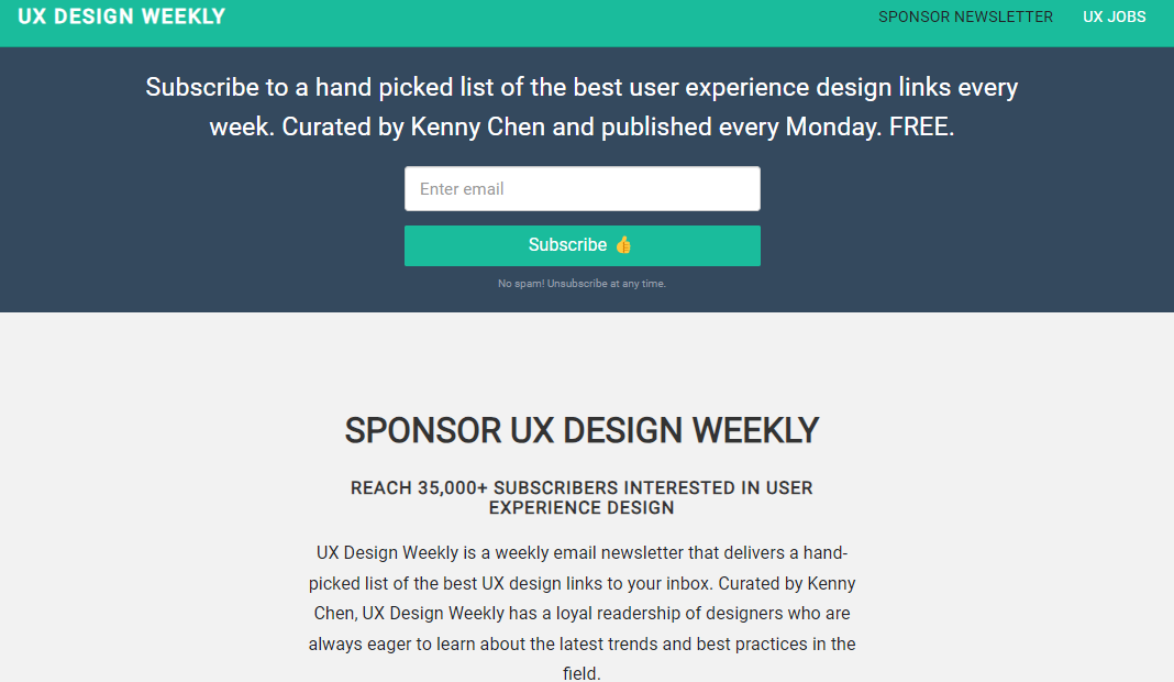 UX Design Weekly newsletter subscription page
