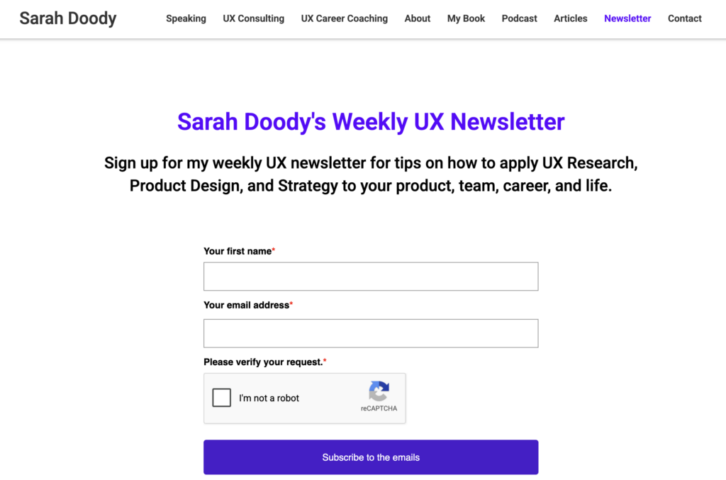 The UX Notebook newsletter signup form